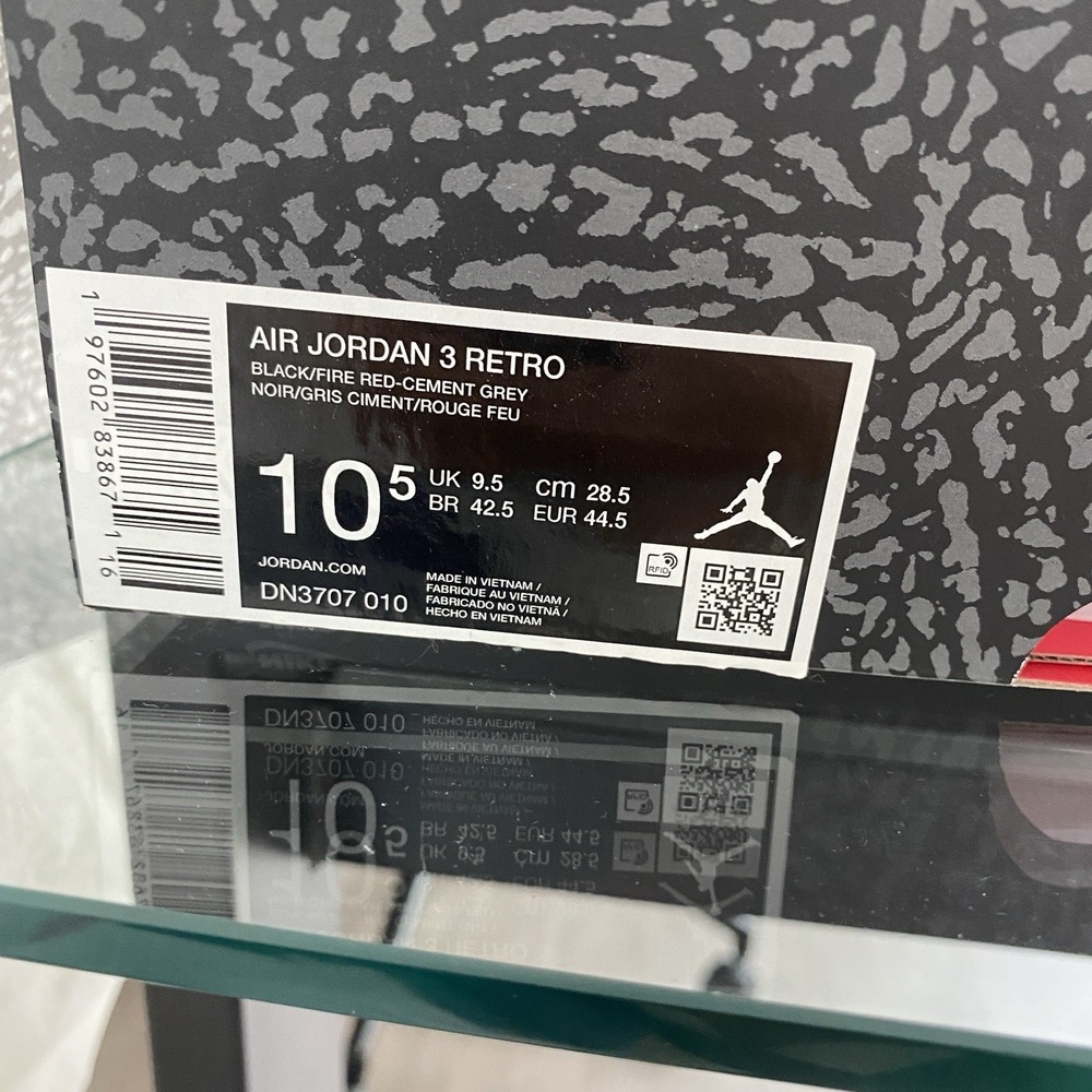 New Air Jordan 3 Retro BLACK CEMENT 2024 Men's Sz 10.5 - DN3707 010 Original Box - Picture 7 of 7